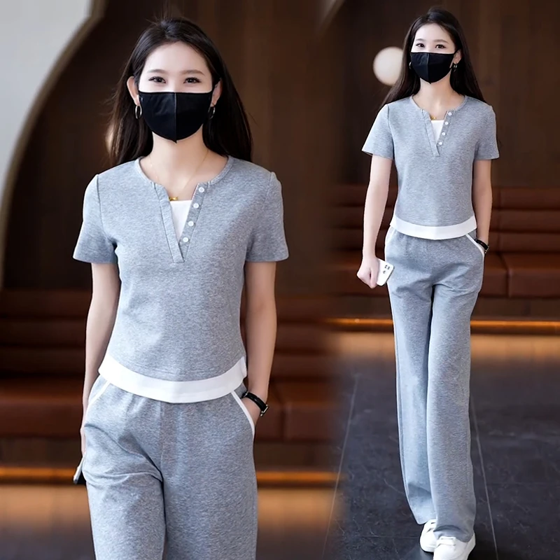 高含棉韩版休闲运动服套装女2025年夏季新款显瘦上衣阔腿裤两件套