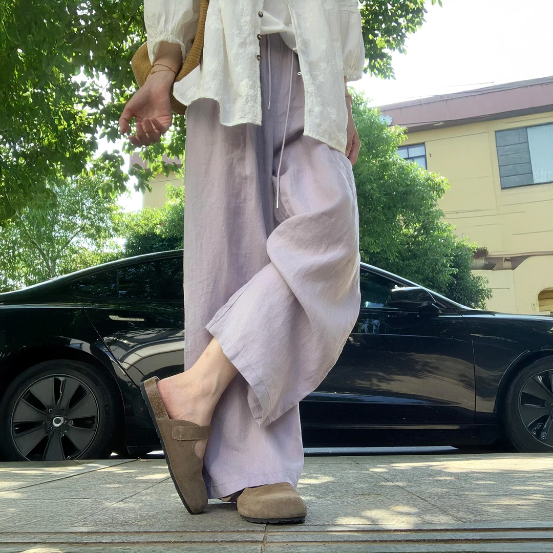 亚麻垂坠感阔腿裤女2025新款紫色棉麻裤子胖妹妹mm显瘦薄款直筒裤