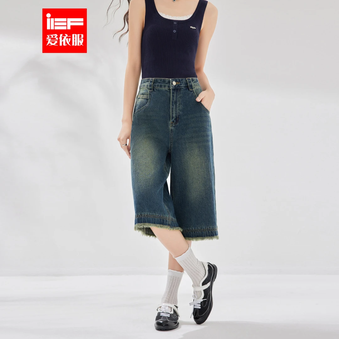 IEF/爱依服2025夏季新款港式复古休闲风通勤百搭显瘦牛仔六分裤