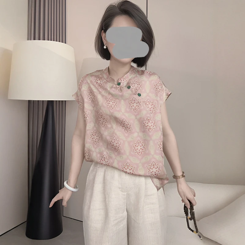 新中式国风盘扣复古印花短袖衬衫2025夏季气质百搭减龄小众上衣潮