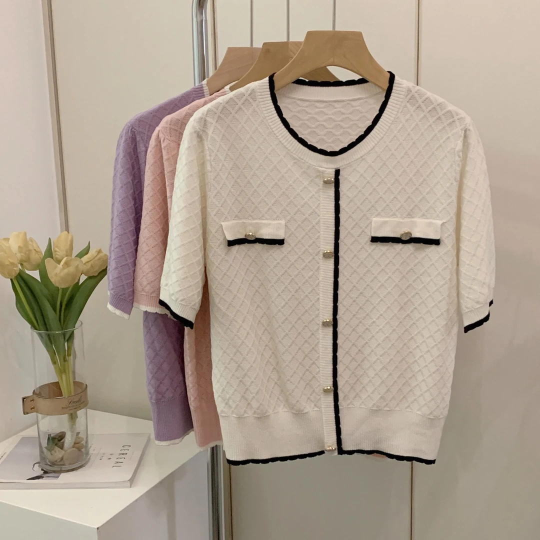 2025夏季新品小香风设计感撞色通勤舒适百搭经典短袖针织开衫