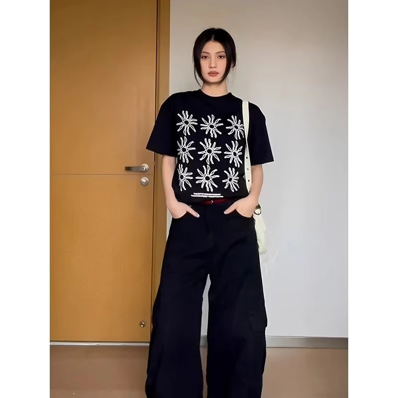 短袖t恤男潮牌夏季宽松黑色2025年新款网红潮流圆领简约印花上衣