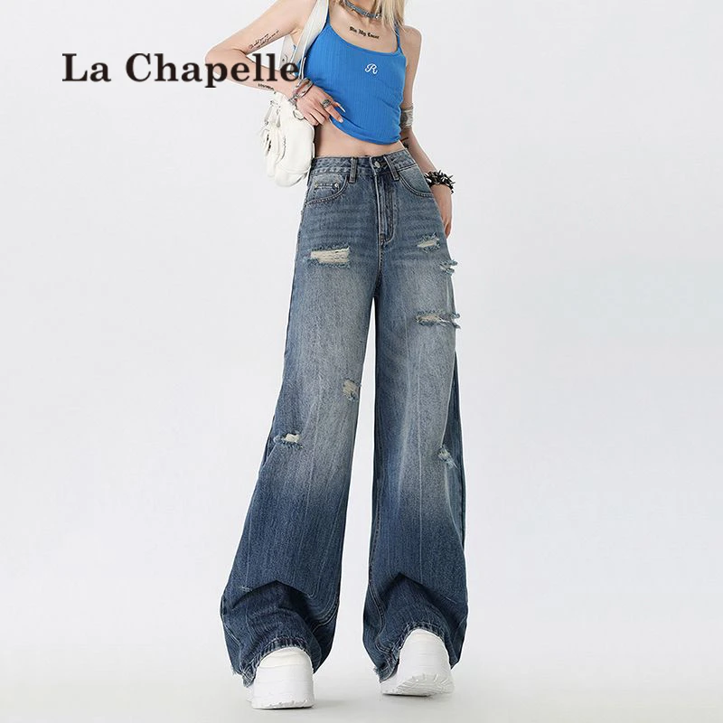 拉夏贝尔美式宽松阔腿牛仔裤夏季薄款高腰猫须磨破破洞裤直筒裤子