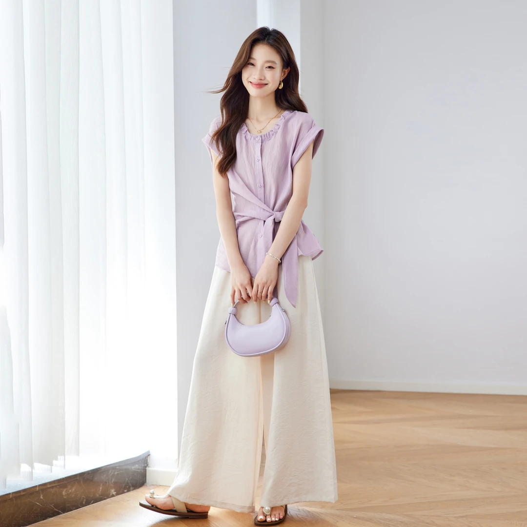 松弛感显瘦无袖上衣气质长裤两件套夏新款时尚亚麻套装休闲阔腿裤