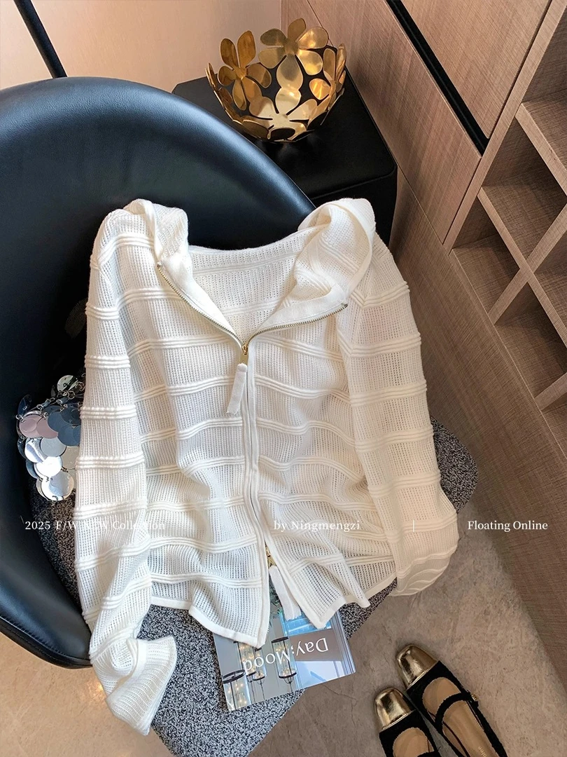 慵懒白色双拉链连帽针织衫女2025早秋新款简约设计感百搭薄款上衣