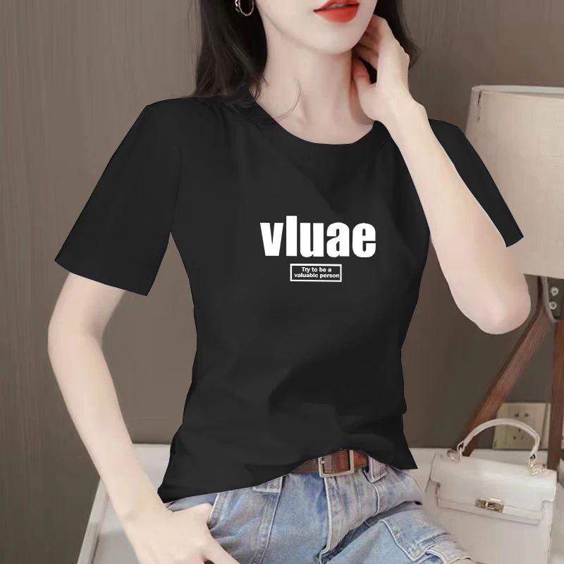 黑色显瘦短袖t恤女士2025年新款夏季正肩修身上衣洋气休闲体恤衫
