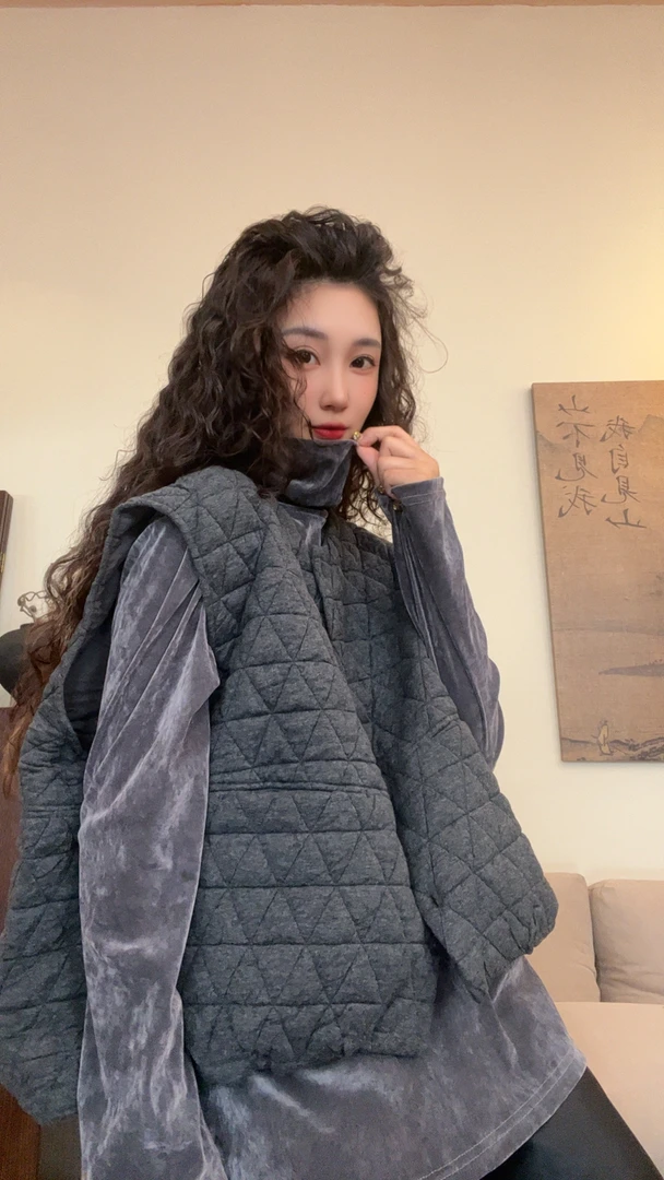 museguhui/木色古汇321#圆领格子纯色气质百搭时尚单排扣薄棉马夹