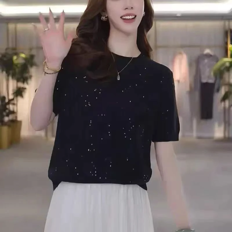 法式烫钻圆领宽松短袖女时尚气质洋气显瘦针织T恤8863