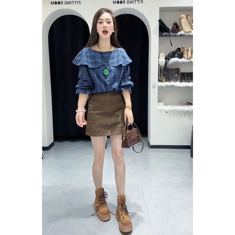 小个子甜美轻熟风穿搭不规则领口设计感长袖上衣通勤高腰显瘦短裙