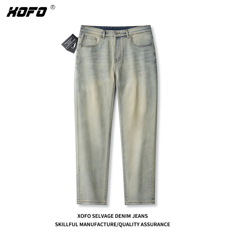 XOFO美式宽松复古牛仔裤男士春秋季做旧小脚裤子高街微锥水洗长裤