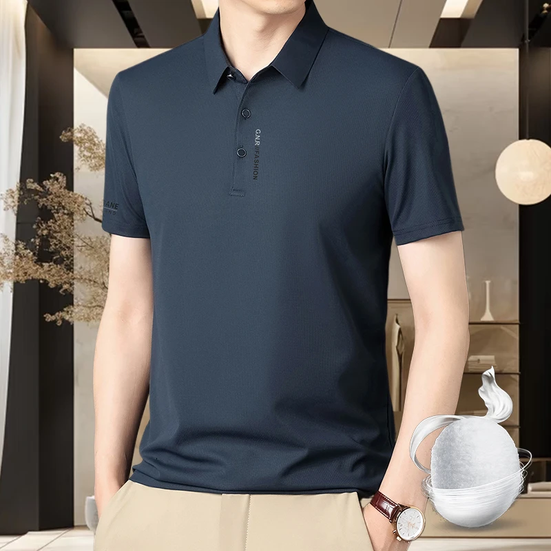 桑蚕丝冰丝无痕短袖t恤男夏季高端polo衫中青年大码半袖上衣服