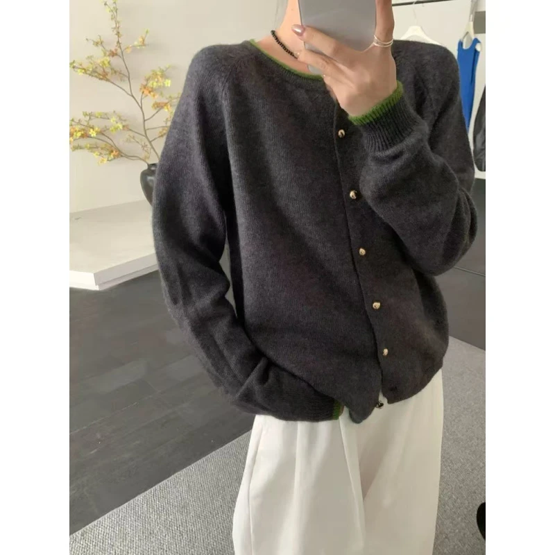 丽姐家~蝴蝶结长袖时尚韩版百搭宽松秋冬拼色开衫上衣