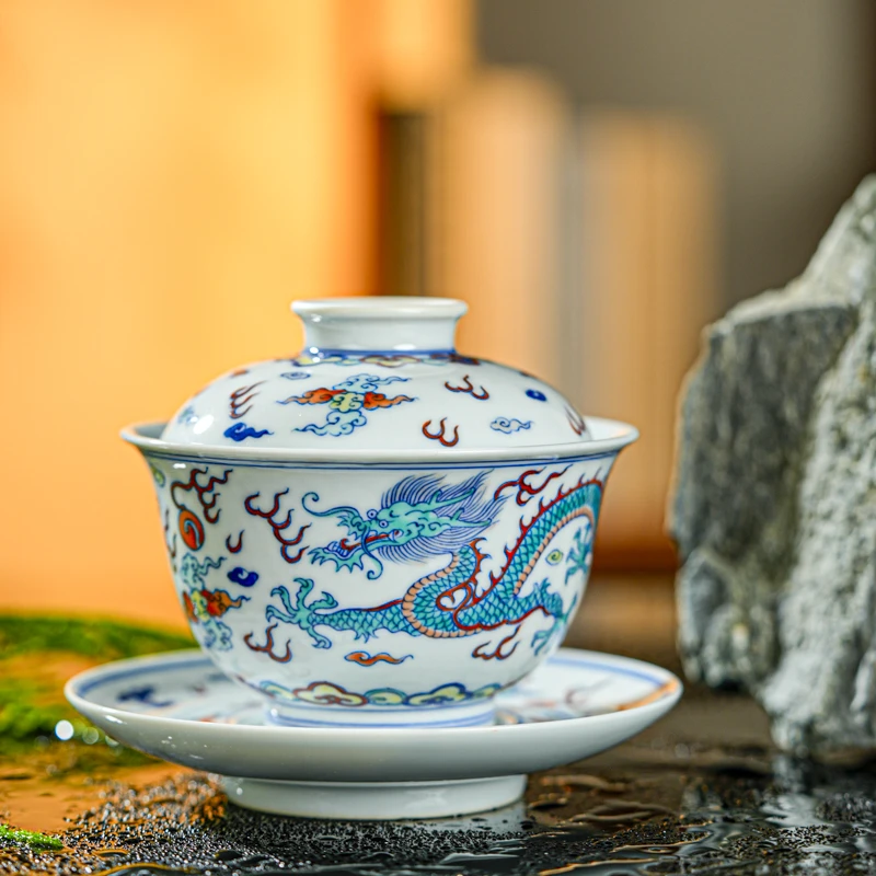 【央广非遗】涂杏花斗彩龙凤呈祥三才盖碗txh303