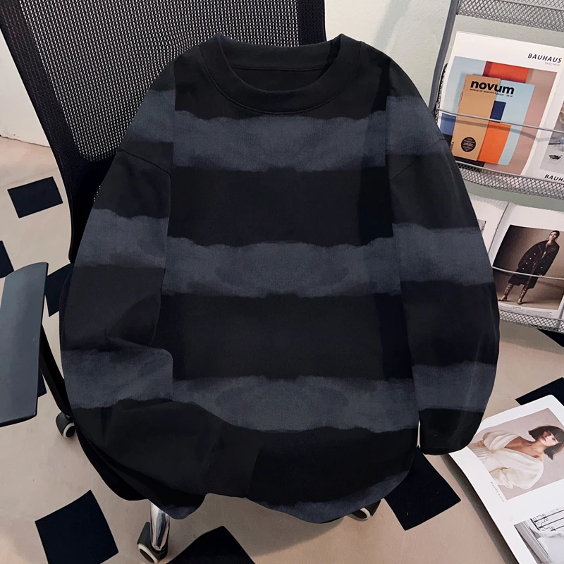 Dekkry美式高街潮牌百搭黑灰条设计感t恤秋冬纯棉长袖男女ins上衣