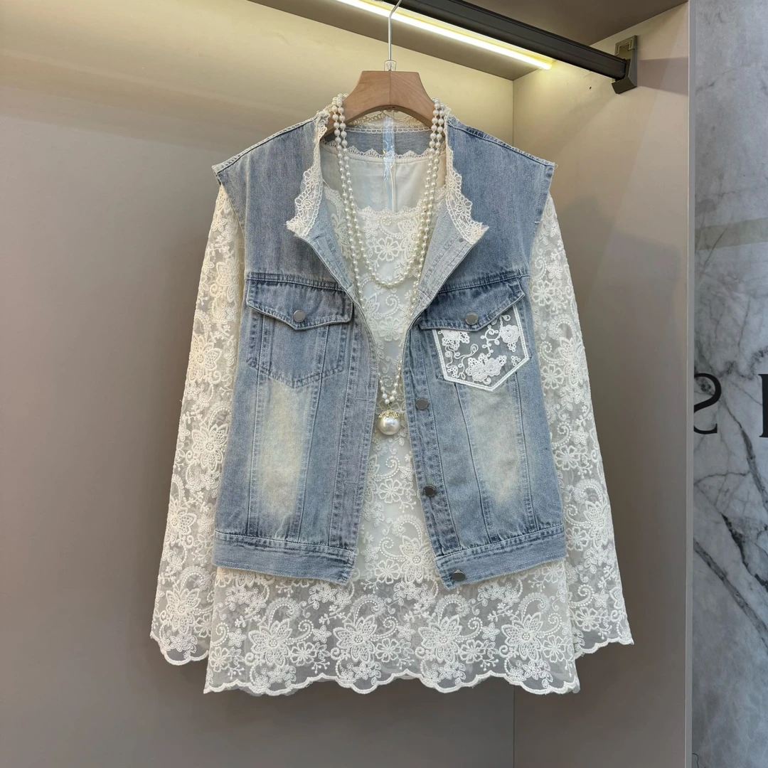 2025新款别致设计感蕾丝打底衫牛仔马甲套装女春装韩版马夹两件套