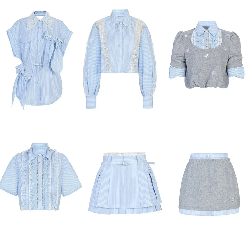 【CG-Y】NO退NO换蓝色条纹蕾丝刺绣polo领休闲衬衣套装 25夏