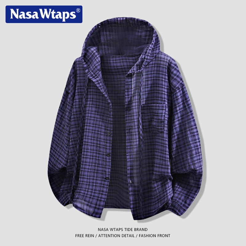 NASA WTAPS连帽泡泡纱防晒衬衫男款夏季休闲花格子开衫上衣外套男