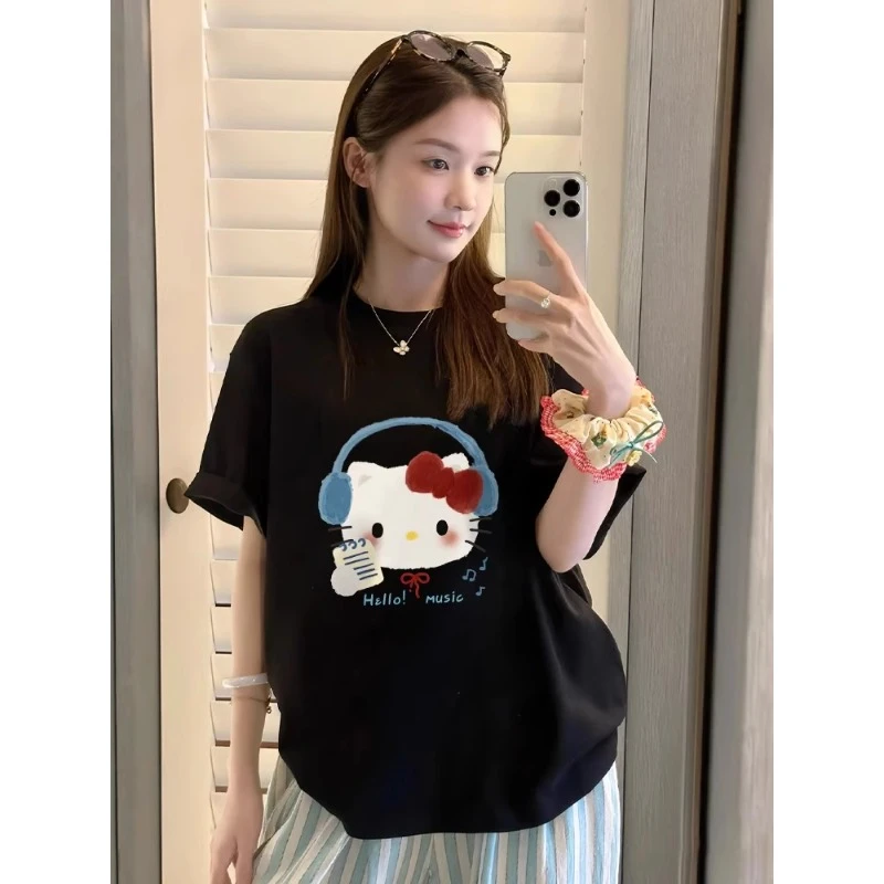 美式甜酷音乐kitty猫印花100%纯棉短袖T恤女2025新款时尚休闲印花