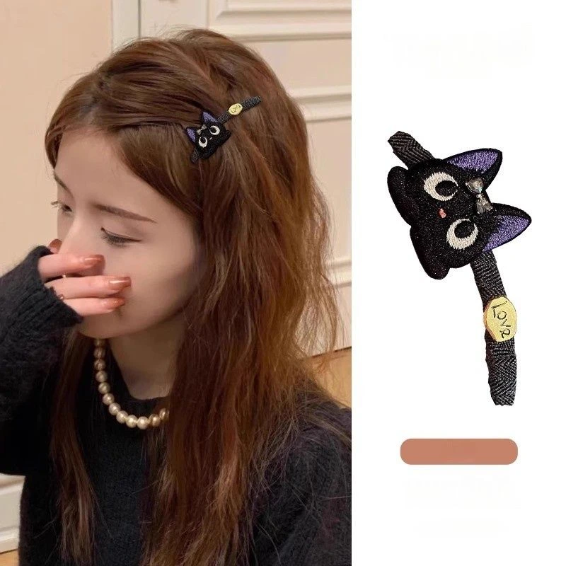 精致可爱刺绣小黑猫发夹韩系新品侧边夹碎发刘海夹头饰鸭嘴夹发饰