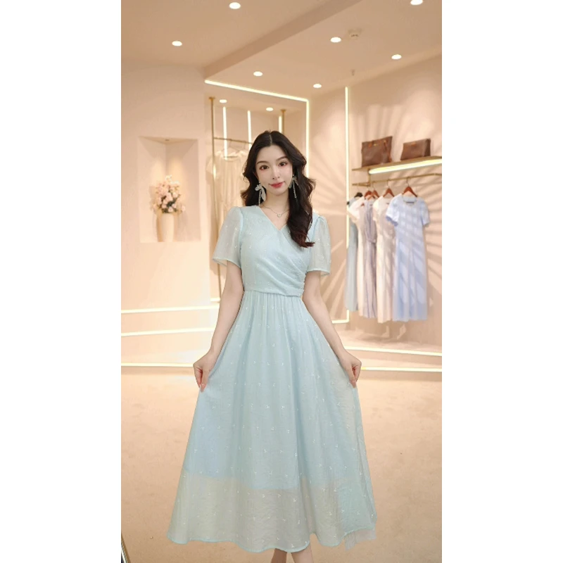 艾格气质夏季法式长款春季赫本风收腰裙小众连衣裙
