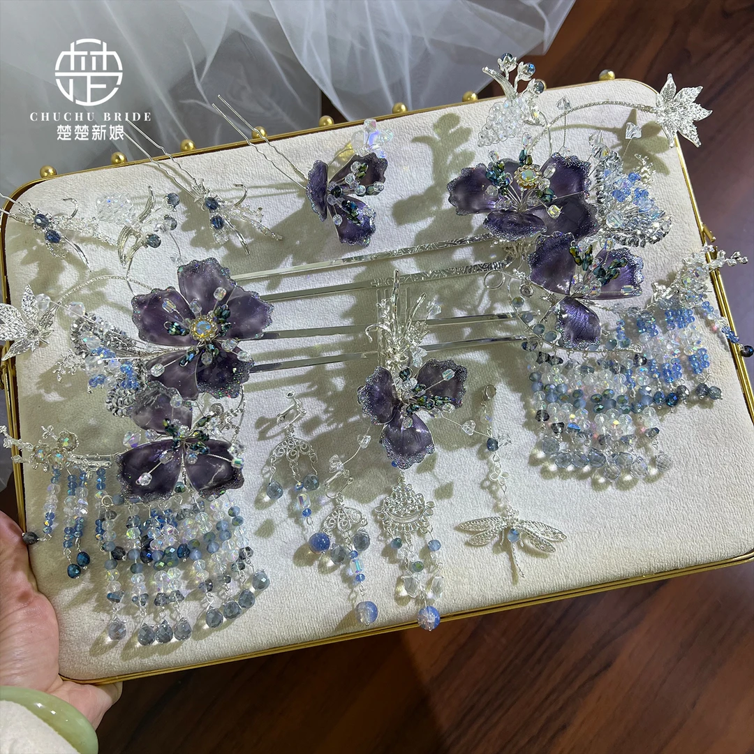 新款中式秀禾服龙凤褂头饰白月光浅蓝步摇古典婚礼新娘手工发饰