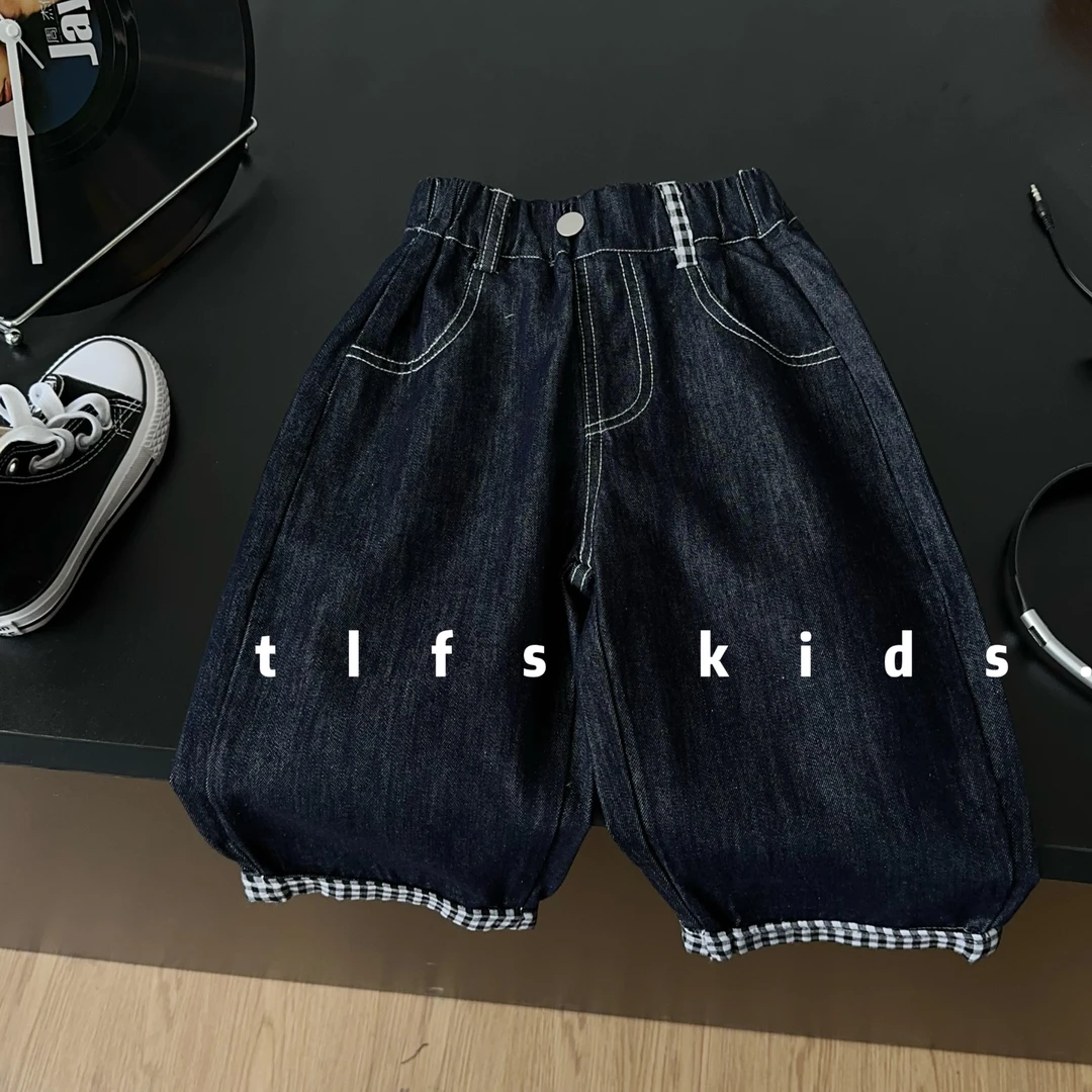 童例「25233格子翻边七分牛仔裤」夏季儿童裤百搭男童女童韩版休闲