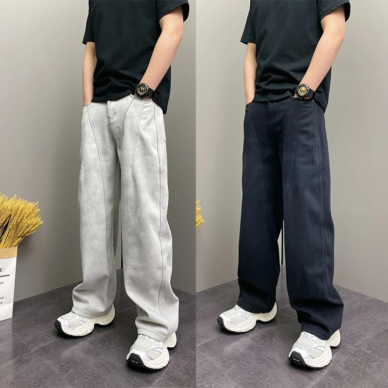 2025秋冬新款拼接加绒休闲裤子男款宽松直筒弯刀裤潮牌帅气阔腿裤