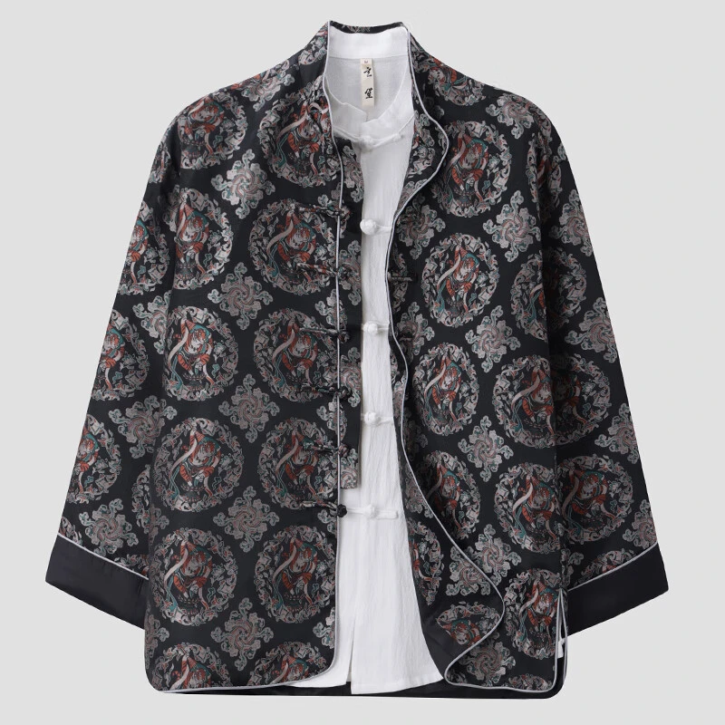 玄笙春秋款唐装外套男中国风文艺复古国潮虎纹提花手工盘扣长袖上