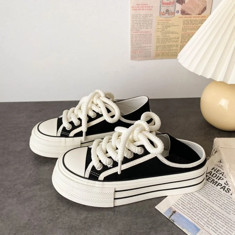 奶白两穿帆布鞋女厚底春夏新款chic小众设计一脚蹬半拖踩脚小白鞋