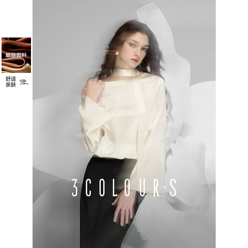 三彩2025春季新款轻奢二醋酸衬衣宽松小衫一字领上衣套头附飘带S
