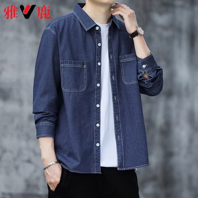 春季新款男士纯棉牛仔长袖衬衫痞帅宽松休闲衬衣上衣男装外套潮流