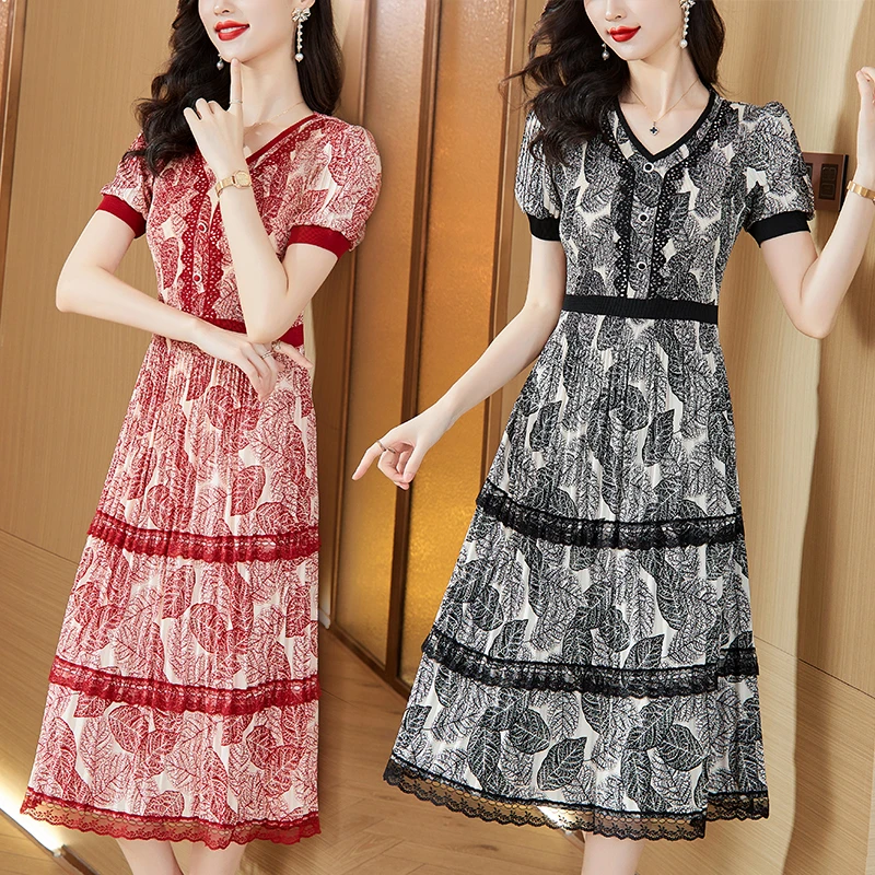 高端连衣裙2025春夏季新款时尚减龄长裙子显瘦印花V领魔术连衣裙