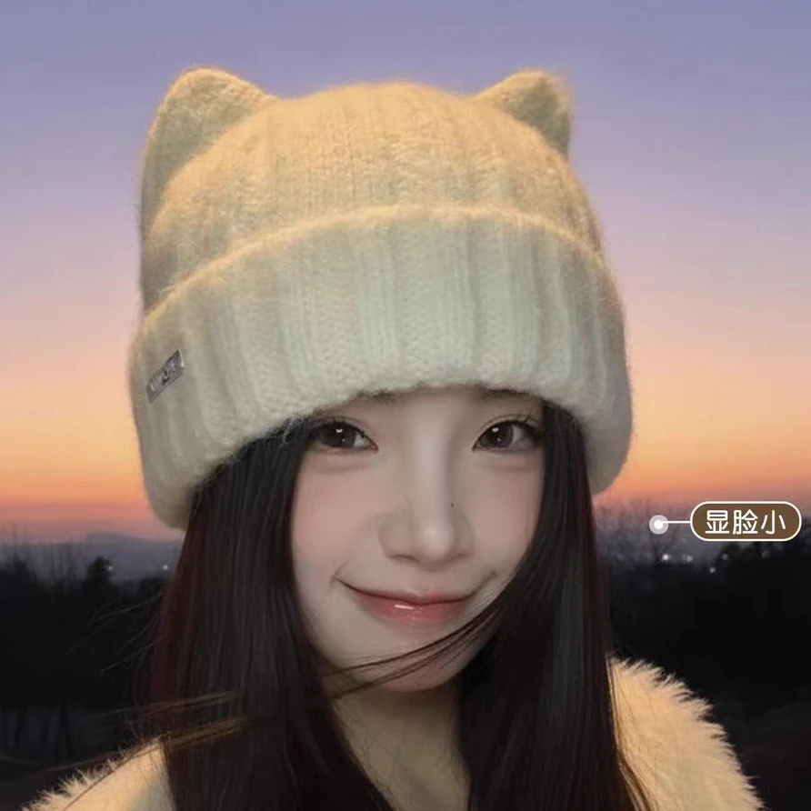 韩系可爱猫耳朵帽针织帽冬帽女保暖防寒护耳毛线帽大头围显脸小JY