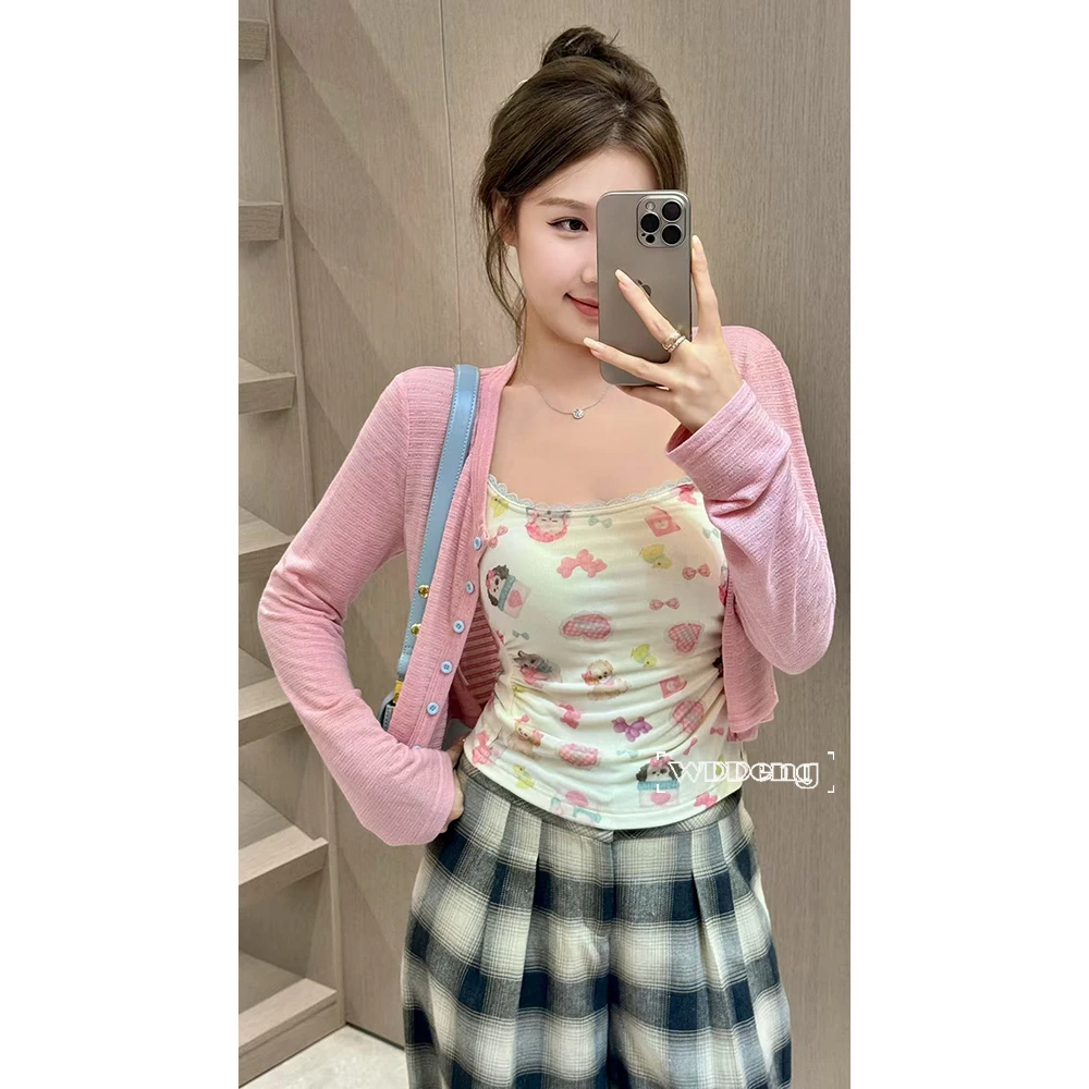 清清款王等等【喵乐园】原创印花吊带背心+长袖开衫套装U225A11196