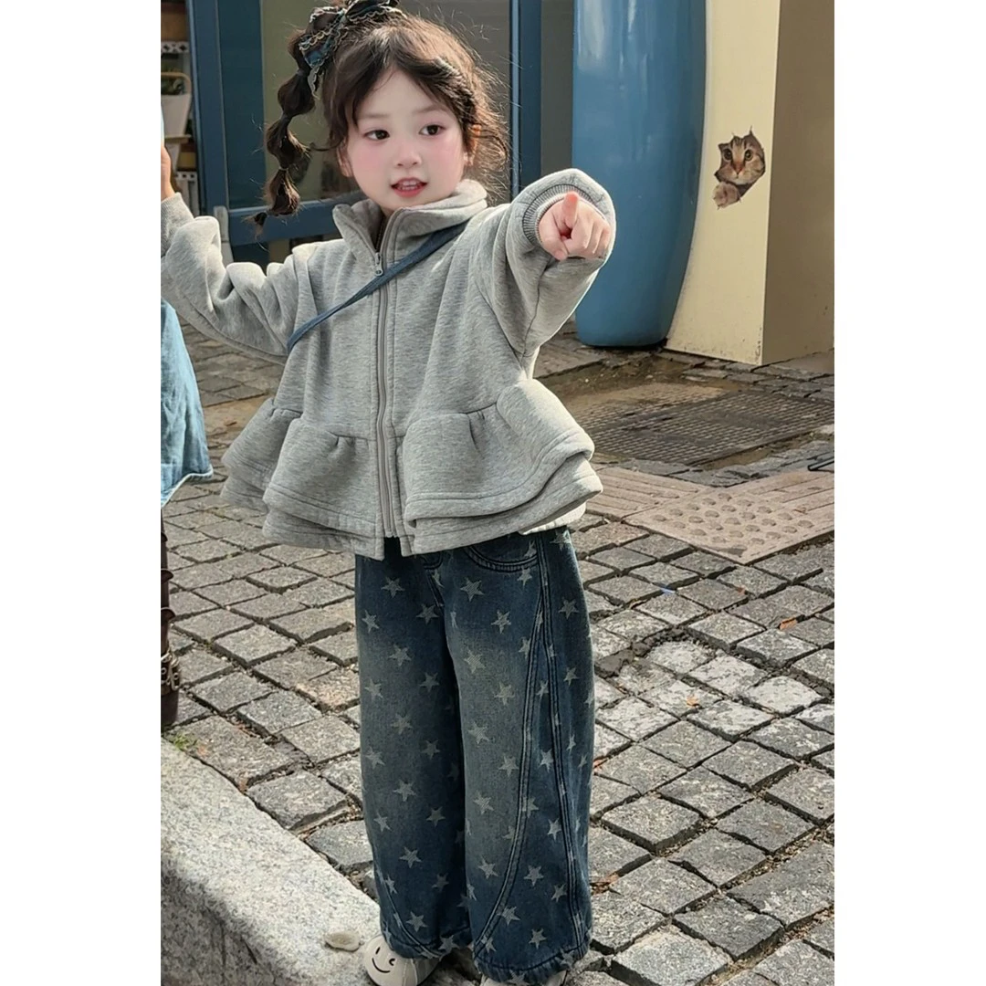 女童外套一体绒秋装2025新款灰色洋气时髦上衣休闲韩版星星牛仔裤