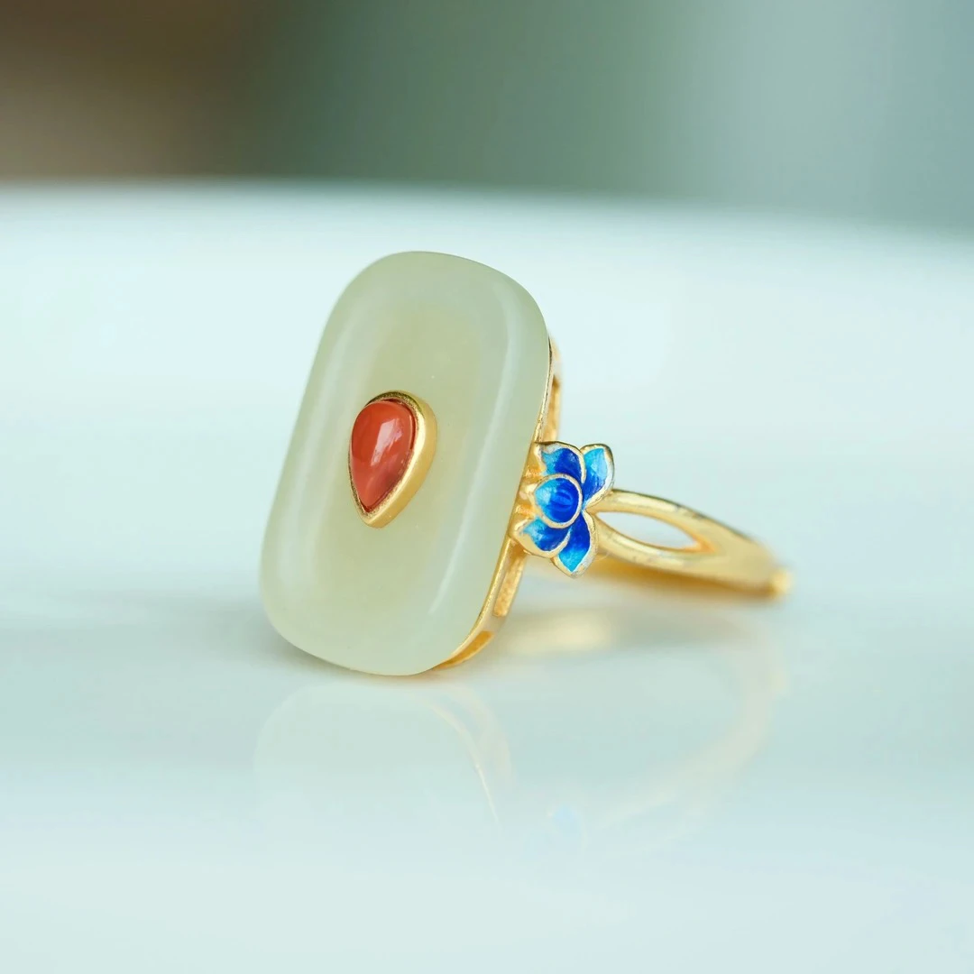 【一抹红】和田玉银镶开口戒（多样性发货）