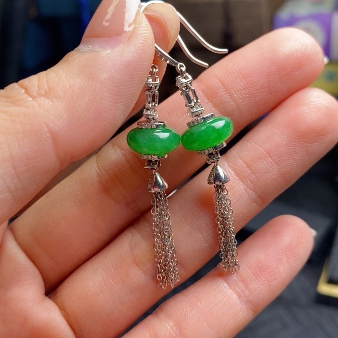 翡翠18K金镶嵌耳饰阳绿流苏耳钩