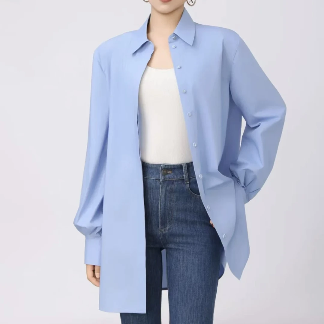 AMASS/阿玛施新款男友风长款纯色简约全棉通勤长袖衬衫5300701