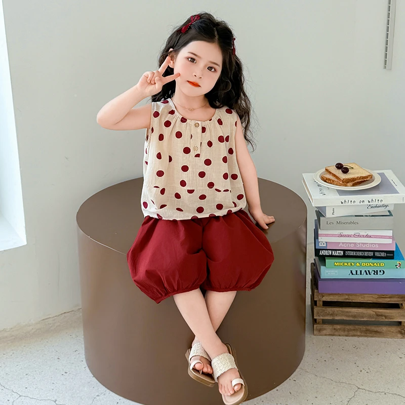 女童夏季无袖套装2025新款洋气儿童波点背心女宝夏装阔腿裤两件套