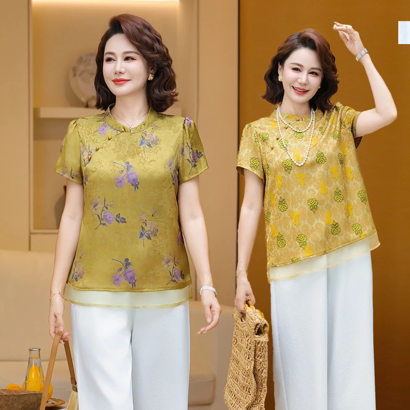 时尚妈妈装新中式国风短袖衬衫夏季新款中老年洋气减龄小衫上衣