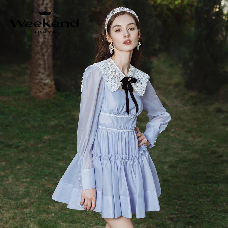 【若谷粉丝专属】卓雅周末蝴蝶结蕾丝荷叶边雪纺连衣裙EJWDAU09