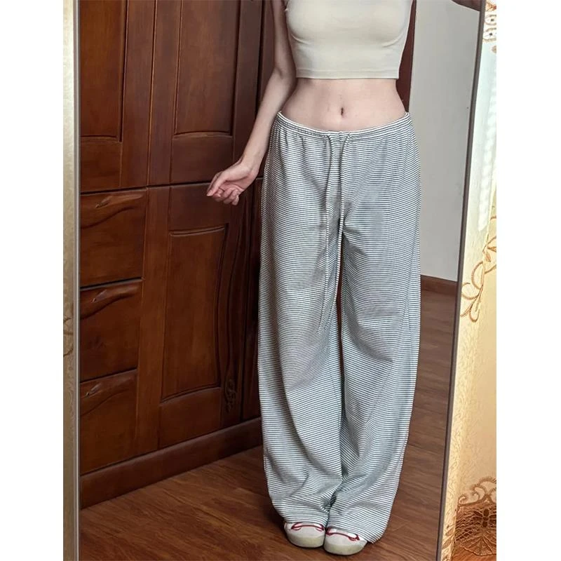美式高街辣妹黑白条纹休闲裤子女夏季2025新款宽松直筒拖地阔腿裤