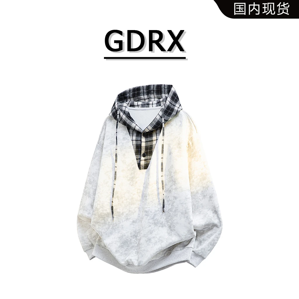 GDRX潮牌连帽拼接卫衣男款秋季宽松上衣休闲百搭慵懒风长袖衣服男