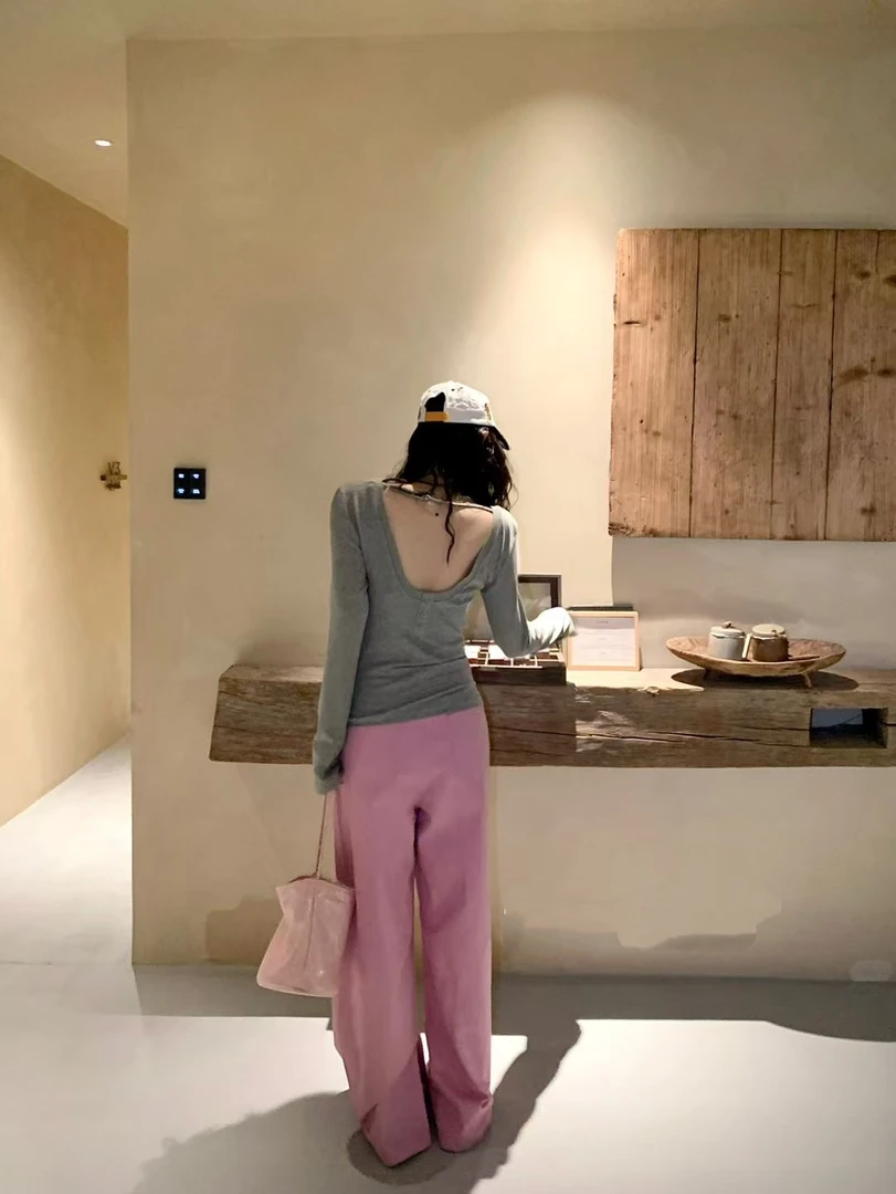 小玲 2025春夏新款纯欲风长袖露背设计T恤纯色打底T