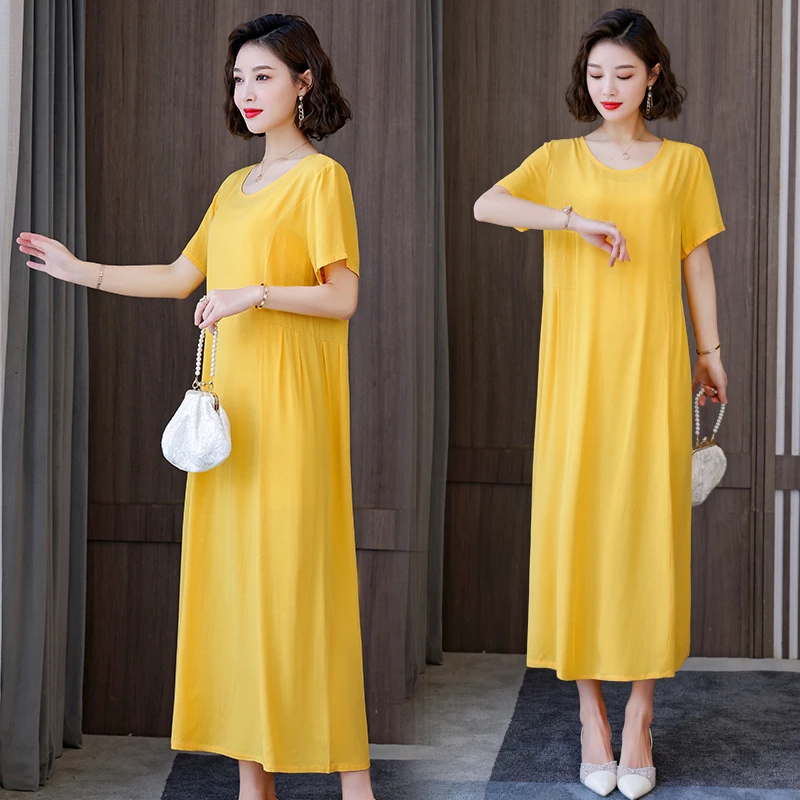 短袖长裙纯色夏季薄款弹力连衣裙时尚收腰纯欲辣妹风妈妈装显瘦
