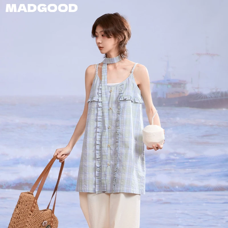 madegood马得工地日系夏季木耳边叠穿格纹扣子吊带背心BX252203
