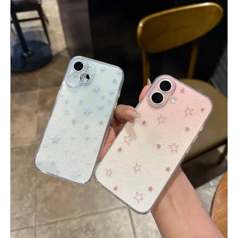 BANCA蓝粉晕染星星适用iPhone16/15pro透明闪粉苹果14手机壳13套