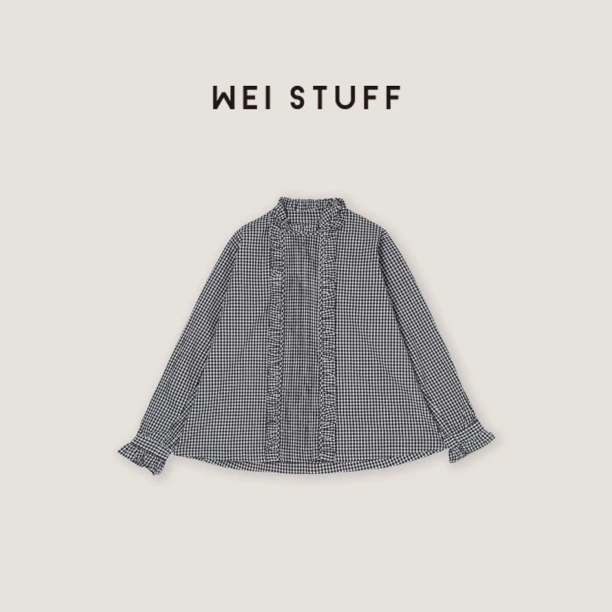 WEI STUFF “文艺复古” 春季新款木耳领花边格纹休闲衬衫 8962.