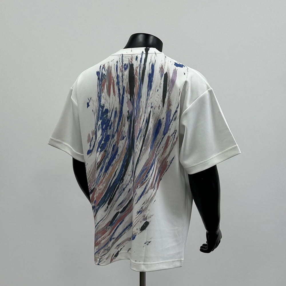 2025年夏季新款美式潮牌圆领彩色涂鸦设计宽松短袖白色T恤男T1641