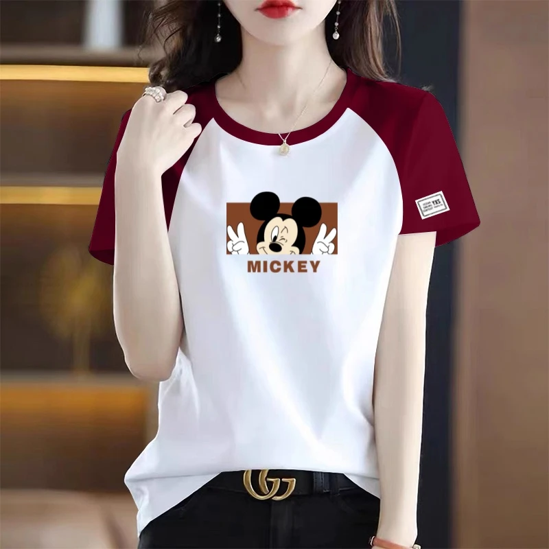 100%纯棉短袖t恤女士夏季新款宽松大码胖mm洋气拼接撞色半袖上衣